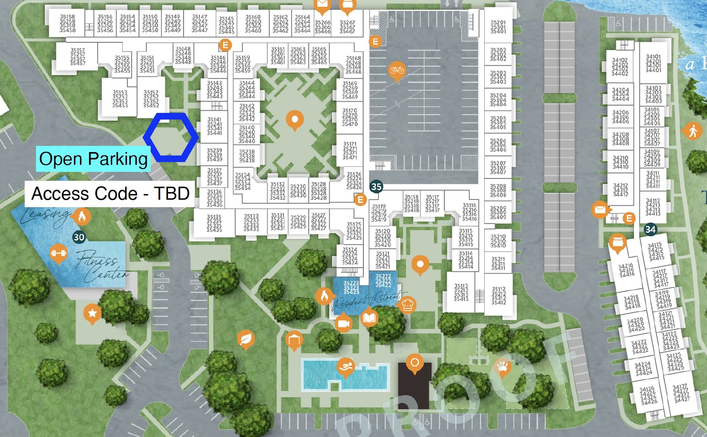 Detailed property map with unit numbers, amenities labeled, and clear building layouts
