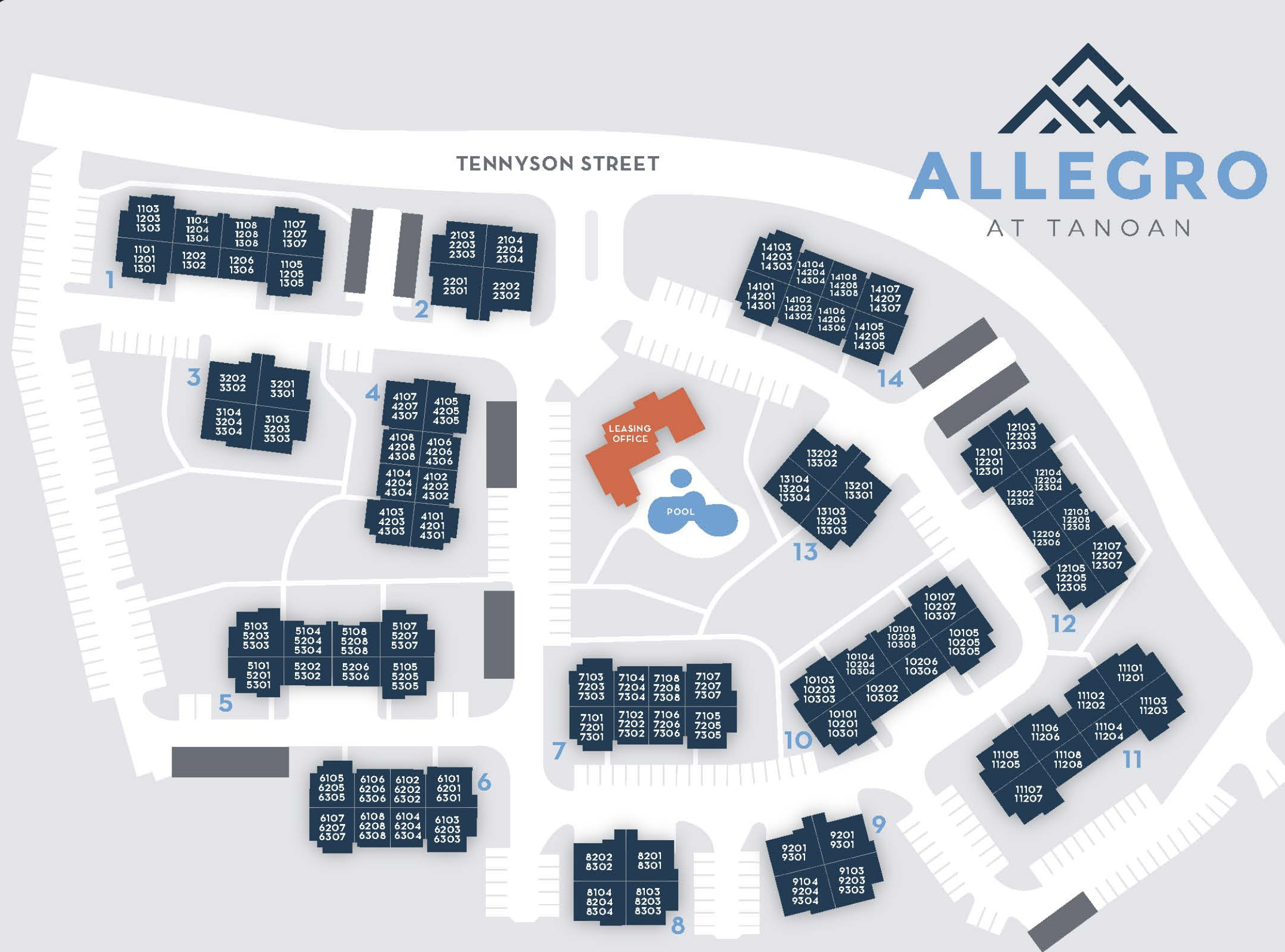 Allegro at Tanoan map with street names and unit numbers