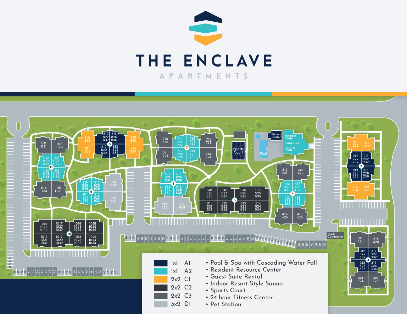 The Enclave Apartments map with color-coded legend and unit numbers