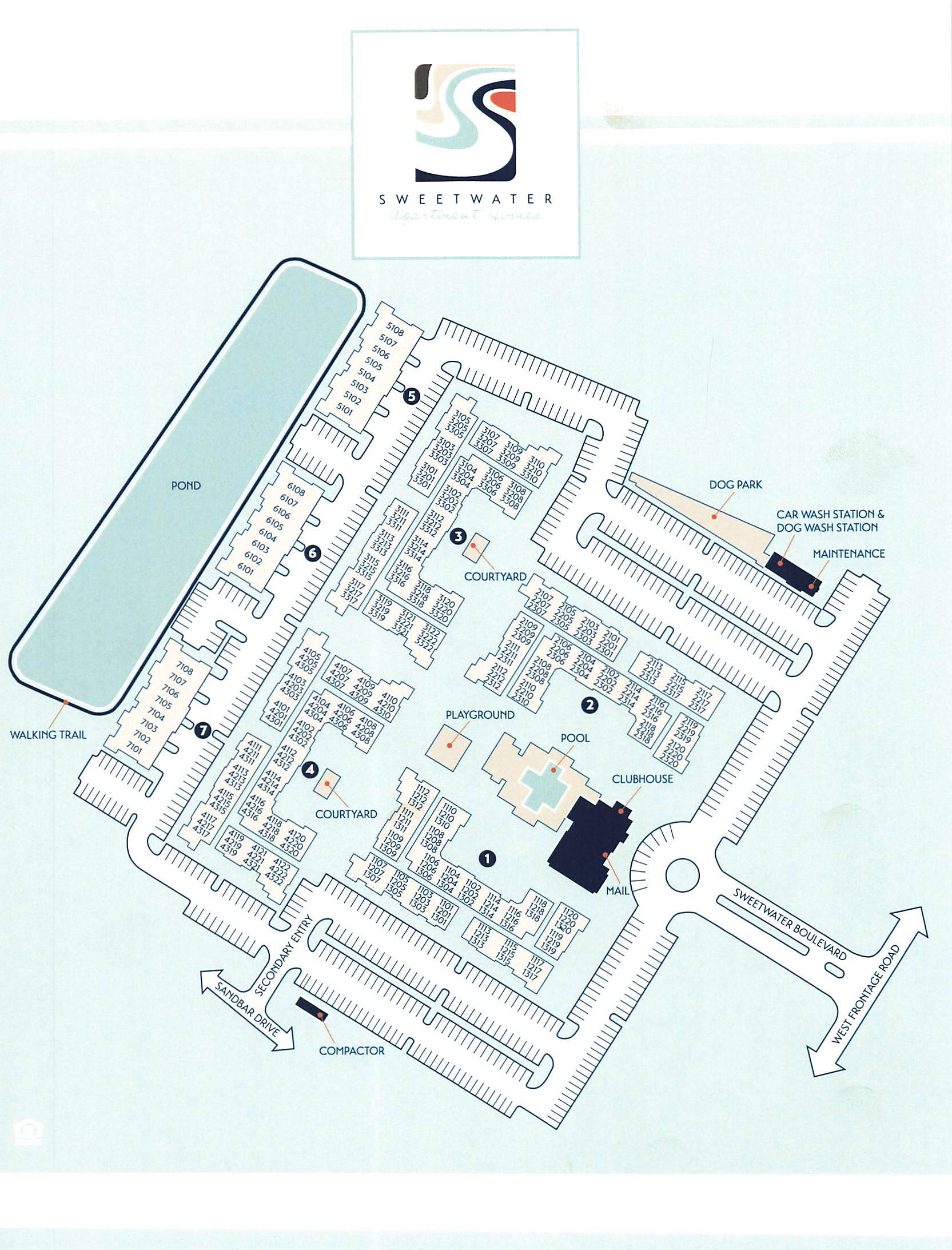 Sweetwater Apartment Homes with labeled streets and amenities